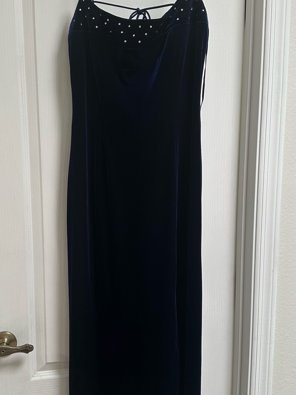 Bari Jay Navy Velvet Maxi Dress with Beaded Neckline